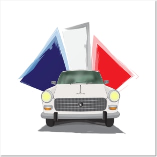 Illustration of a White Peugeot 404 with the French Flag Behind Posters and Art